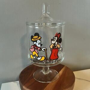 Walt Disney Productions Mickey & Minnie Glass Pedestal Candy Jar – 1970s – Mint